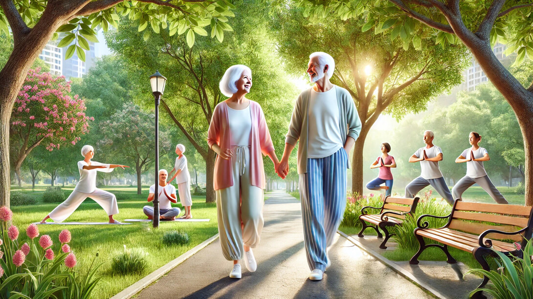 An active elderly couple strolls through a serene park, surrounded by seniors practicing yoga and tai chi, embodying healthy aging, vitality, and community well-being