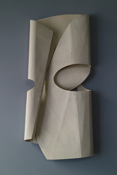 Manfred Muller,
White Prelude, 2022,
Signed and dated by the artist in pencil,
Oil Color on Fabriano Paper,
26 1/2 x 11 1/2 x 4 in. Courtesy of the artist and Rosegallery