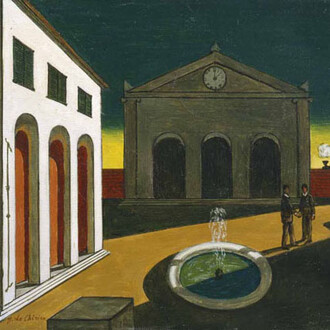 Giorgio de Chirico, L’addio dell’amico che parte all’amico che rimane, 1950, oil on canvas, 40 x 50 cm. © Tornabuoni Art