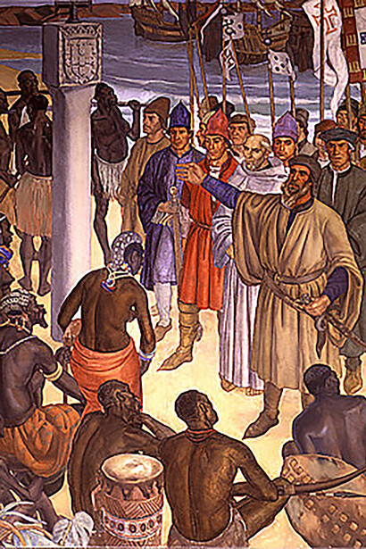 Panel, from the Assembly of the Republic of Portugal, representing Diogo Cão, at the mouth of Zaire, after having placed the pattern of the discovery