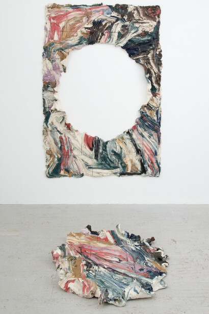 Brie Ruais, Area Whole, 300lbs, 2014, Pigmented and glazed ceramic, hardware, Square: 78 x 54 x 5 inches, 198.1 x 137.2 x 12.7 cm, Circle: 44 x 38 x 5 inches, 111.8 x 96.5 x 12.7 cm, courtesy the artist and Nicole Klagsbrun, photo credit Adam Reich
