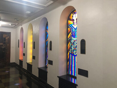 The Matriarch windows are a collaboration of the artists Miriam Schapiro, designer, and Benoit Gilsoul, glass master