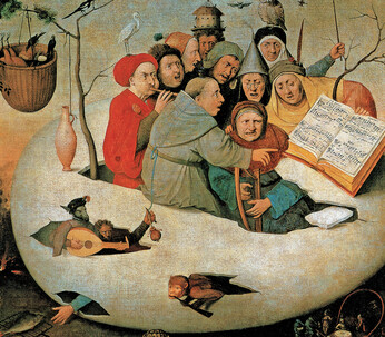Jérôme Bosch. Le Concert dans l’œuf, entre 1453 et 1516. Huile sur toile, 108 × 126 cm. Palais des Beaux-Arts de Lille, Lille