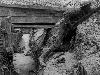 A German trench occupied by British soldiers of the Cheshire Regiment near the Albert-Bapaume road at Ovillers-la-Boisselle, July 1916 during the Battle of the Somme
