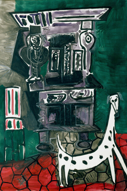 Pablo Picasso, Buffet Henri ll et chien et chaise. Le Buffet de Vauvenargues (detail), 1959. Oil on canvas, 63 3/4 × 51 1/4 inches (162 × 130 cm) © 2023 Estate of Pablo Picasso/Artists Rights Society (ARS), New York. Courtesy Gagosian