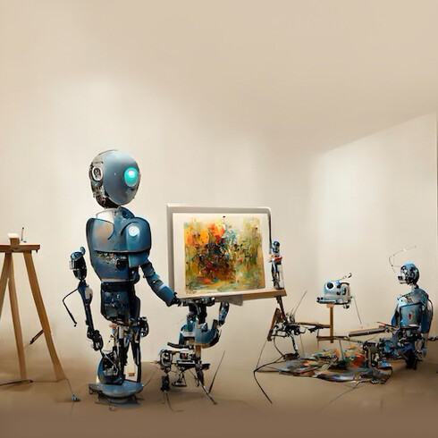 Imagen generada con IA que muestra un robot antropomórfico haciendo arte