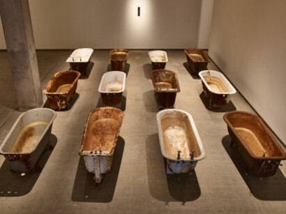 Eye of Shark, 2014. Cast iron baths with gilding, marble panel, shark eye and display box, amber glass. Courtesy the artist and Frith Street Gallery, London. Photography by Steve White.