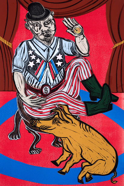 Eileen Cooper, The Ring Master, Collage with linocut, monoprint, screenprint and gouache, 2019, 38 x 25.5cm | © Eileen Cooper 2021