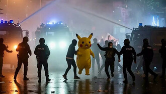 A young boy dressed as Pikachu joined protests in Antalya, Turkey, but was seen running away from the police