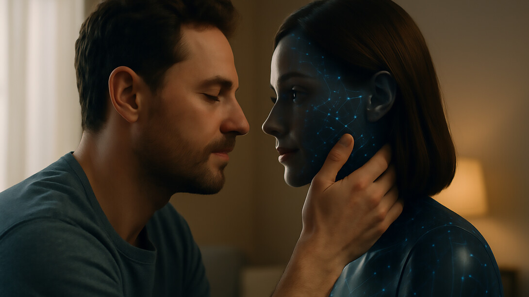 A man shares an intimate moment with his AI companion, blurring the line between human emotion and digital connection