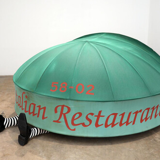 Eirc Mistretta, Happy, Healthy, You and Yours, 2015, awning, shoes, socks, resin, dimensions variable. Courtesy Scaramouche, New York