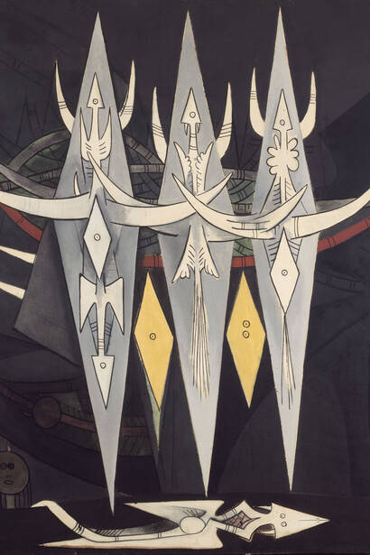 Wifredo Lam, Umbral, 1950, Huile sur toile, 185 × 170 cm, Centre Pompidou, musée national d’art moderne. Dist. RMN-GP. Achat de l’État 1969, attribution 1976, Photo : Centre Pompidou, Georges Meguerditchian © Adagp, Paris 2015
