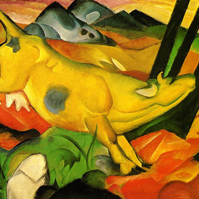 La mucca gialla, Franz Marc, (1911). Gli artisti che rappresentano la gioia hanno ben chiara l'importanza fondamentale del giallo; per questo motivo, nelle opere, oltre al giallo puro, si trovano tonalità come il verde-giallastro, che offre una sensazione rassicurante e spirituale, e l'arancione-giallastro, più euforico e passionale
