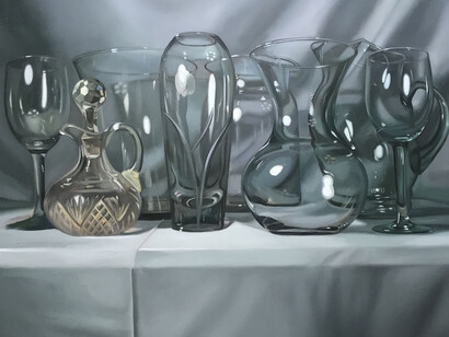 Caption for glass objects is: Margaret Morrison "Soda Lime Silica", 2017, Oil on canvas, 42 x 40 inches, 106.68 x 101.6 cm; Courtesy of Woodward Gallery, NYC