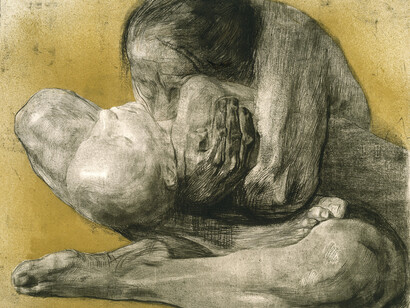 Käthe Kollwitz (1867–1945), Woman with Dead Child, 1903, Soft-ground etching with engraving and gold tone-plate
© The Trustees of the British Museum