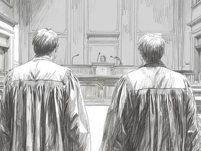 Black and white drawings that capture the essence of the legal profession, specifically portraying lawyers in a courtroom environment