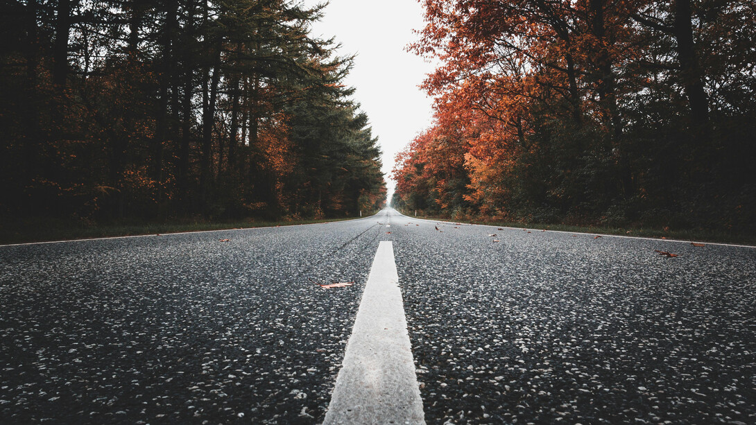 An autumn road on a cloudy day