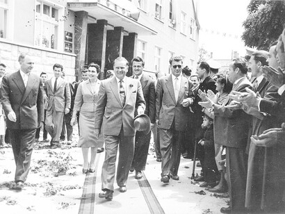 Josip Broz Tito and Jovanka Broz departing the municipal building in Negotin, Serbia