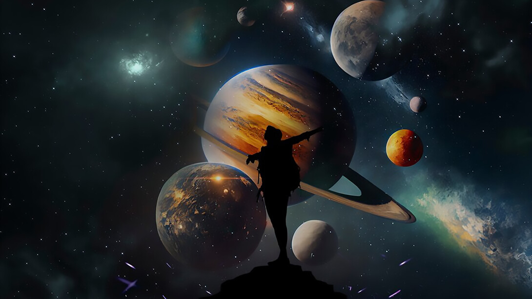 In the realm of fantasy astral, a person with opened hands stands in a captivating composition, embodying a sense of mystical connection and cosmic energy
