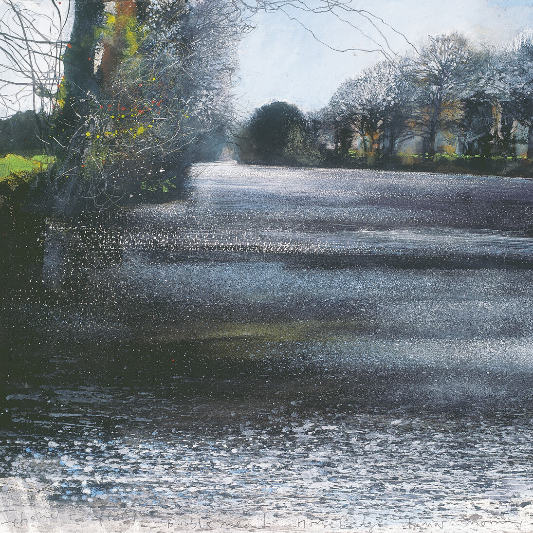 Kurt Jackson, Kingfisher and dippers pass, Bubble Mead, Horsebridge, Tamar morning, April 2006, mixed media, 57 x 61 cm, © Kurt Jackson 2014 