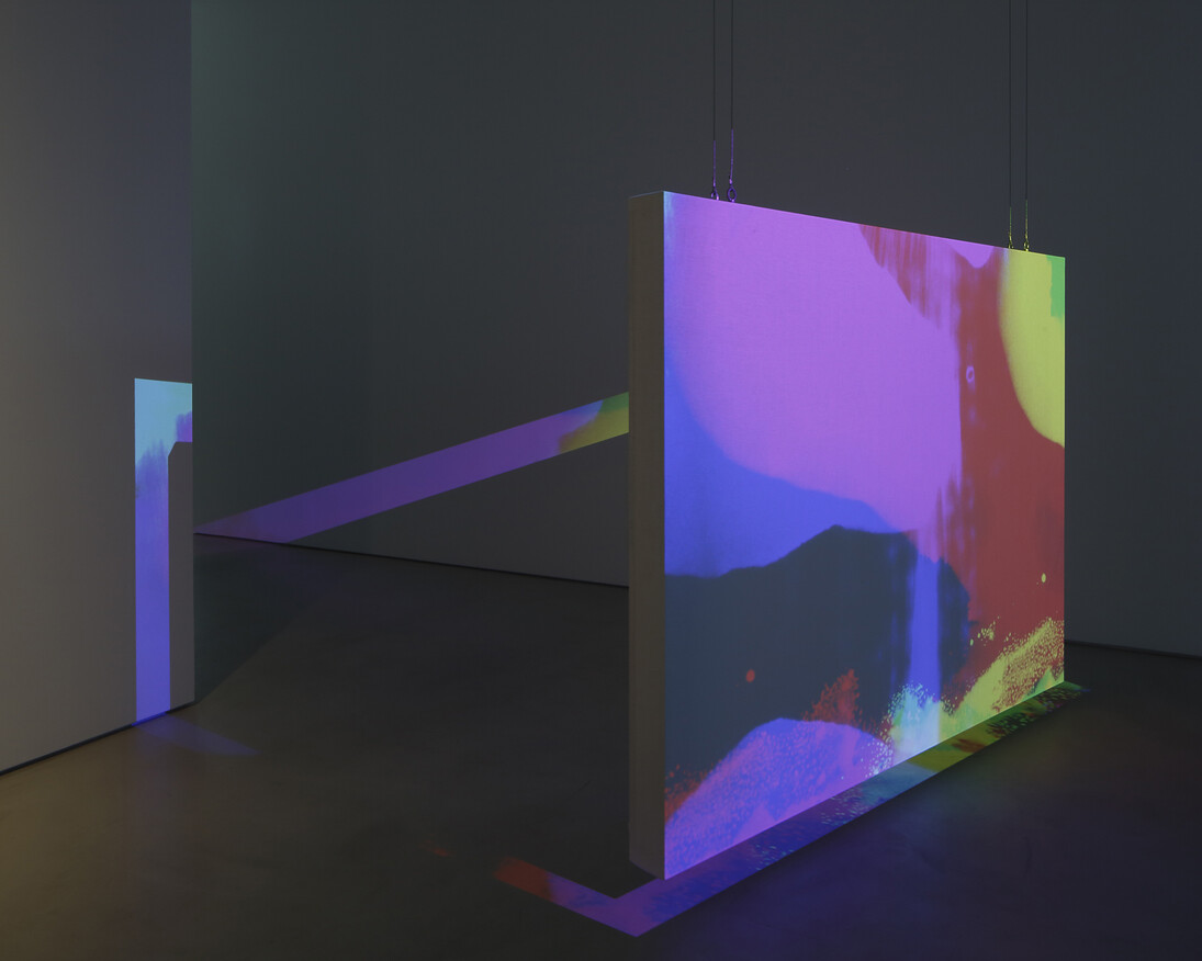 Matt Saunders, Two Worlds, 2016, installation in 2 parts; 2 HD animated films, color and black and white, silent, looped on 2 screens, Installation View, Blum & Poe, Tokyo, 2016, © Matt Saunders, Courtesy of the artist and Blum & Poe, Los Angeles/New York/Tokyo, Photo: Keizo Kioku