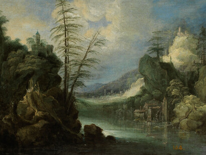 Joost de Momper II- Paisaje peñascoso con río y molino
