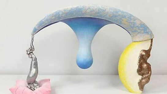 John Newman, Out of the blue, 2014, cast and polished bronze from wooden burl, extruded aluminum, cast acqua resin, wood, wood putty, papier mâché, foam, Japanese paper, aluminum screening, acrylic paint, chalk, 25 ¾ x 40 ½ x 12 inches