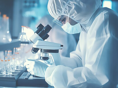 A professional in a laboratory, donned in protective gear, meticulously examines test tubes and conducts microscopic analyses