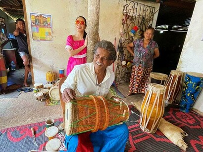 A man is busy making a traditional drum. Around 80 families in this village Kuragala in Sri Lanka, have been engaged in making different kinds of drums for generations