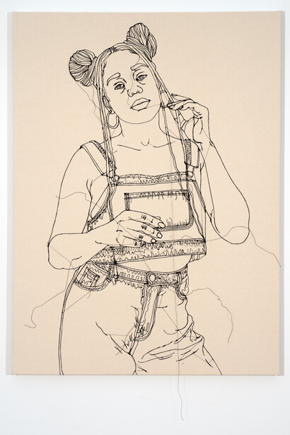 Gio Swaby, Self-Portrait 5, 2023, 28x38 inches, cotton fabric and thread sewn on muslin. Courtesy of the artist and Claire Oliver Gallery