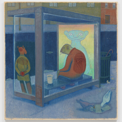 Clayton Schiff, Bus Stop, 2023, oil on canvas, 52x50 inches, photo by Matt Grubb. Courtesy of the artist and 56 Henry
