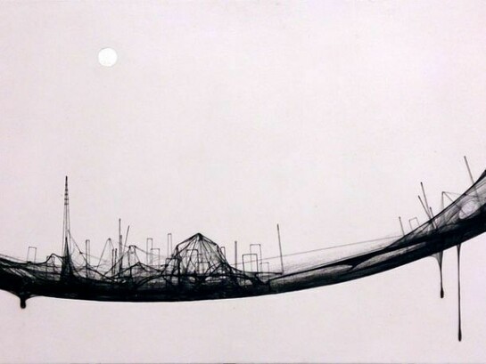 Daisuke Tsuchigahata, Boundary: Highway and The City II, 2013, Cotton, chalk, panty stockings, string, silver leaf, mineral pigment, 17.9" x 25.6"