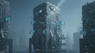 Edificio futuristico con un occhio gigante: questa immagine evoca la distopia dello Stato della sorveglianza e il controllo pervasivo che può essere associato al concetto di Stato condominiale, dove le istituzioni sono controllate dalle multinazionali e si praticano strategie al di fuori del contesto legale