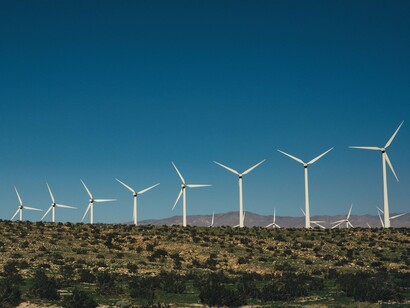As turbinas se espalham por uma área de campo, formando uma nova paisagem energética. A questão não está apenas em produzir energia renovável, mas em encontrar formas de fazê-lo com o menor impacto possível sobre a natureza