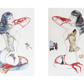 Margaret Harrison, You Looking at Me?, 2013, watercolor on paper, diptych: 28 x 19 ½ inches each, Courtesy of Ronald Feldman Fine Arts, New York