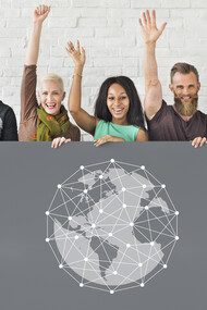 People holding network graphic overlay banner