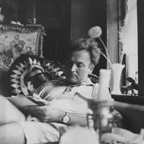 Patricia Jordan, Robert Duncan Reading at Stinson Beach, 1959. Photograph on hardboard 15 3/4 x 16 in. Collection of Lorna Anthea Starr Jordan