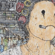 Untitled (inspired by Stephen Chow), 2019 Acrylic paint, aerosol on canvas 100x140cm|393/8 x551/8 in
Courtesy MADSAKI/Kaikai Kiki Co., Ltd.
