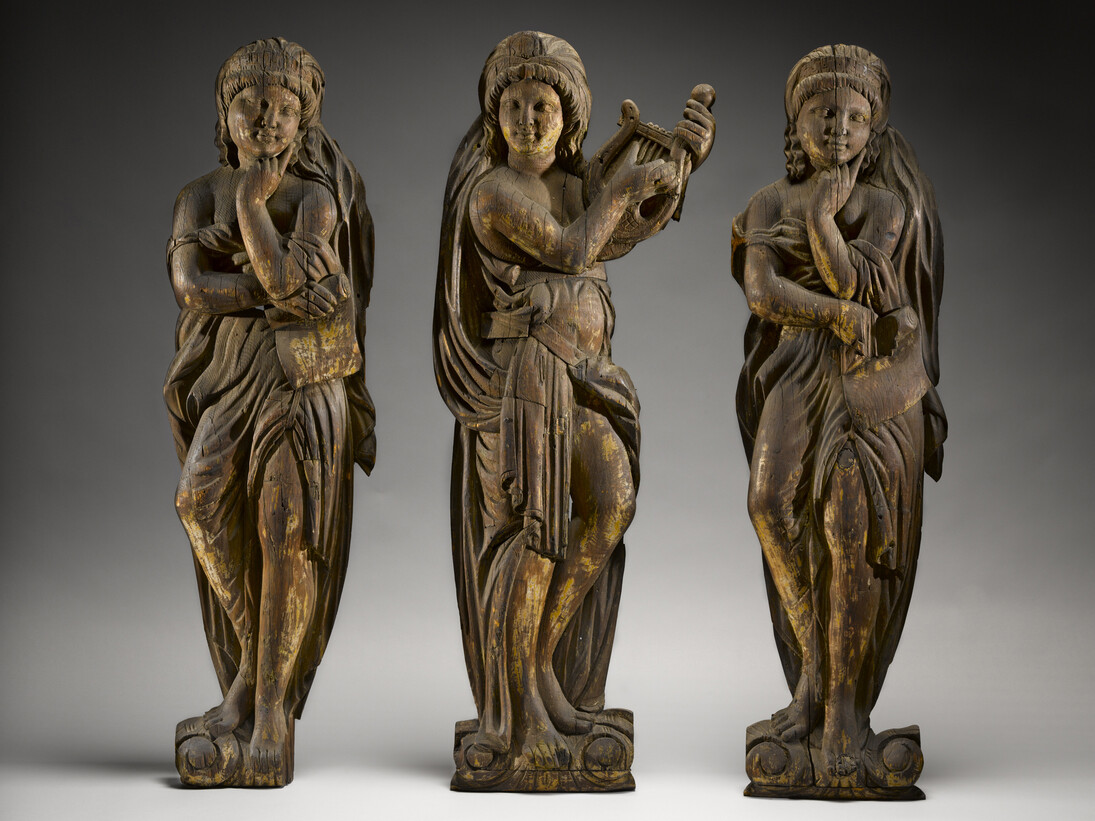Three Muses from Barnum & Bailey Circus Wagon, New York City, c. 1882–1903, Carved wood, Approx. 50 x 13 x 3" each, American Folk Art Museum, New York Gift of Altria Group, Inc., 2008.9.5–7 Photo by Gavin Ashworth 
