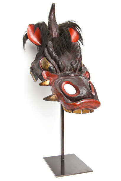 Parade horse mask in the shape of a dragon’s head, Edo period, 19th century. Leather, lacquer, and horsehair. Courtesy of Private Collection. Photography by Forrest Cavale and ZacForrest Cavale and Zach Niles of ThirdElementStudios.com