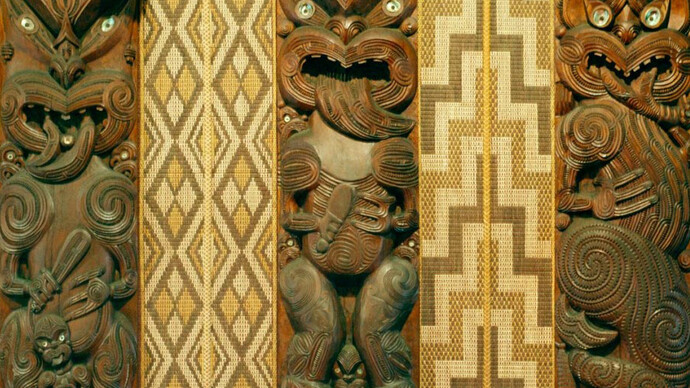 Vue intérieure de Te Whare Rūnanga, Waitangi Treaty Grounds, Nouvelle-Zélande