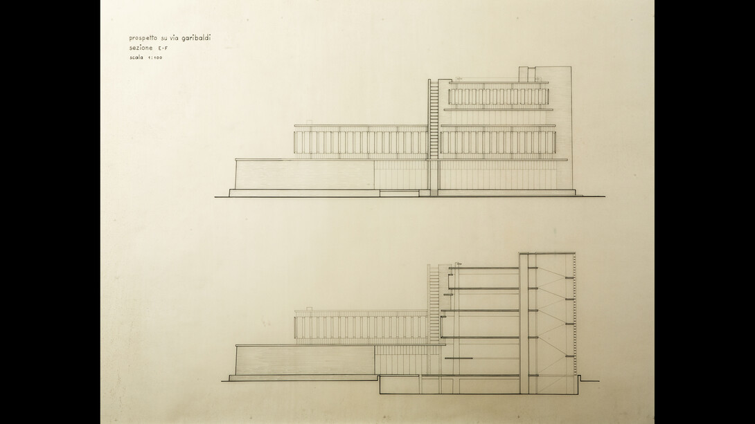Leonardo Ricci
Progetto per il concorso nazionale per la sede della Camera di Commercio di Carrara. Prospetto e sezione 1:100, 1956
Matita, china e pennarello su lucido, 680x1100 mm
(Fondo Leonardo Ricci)
