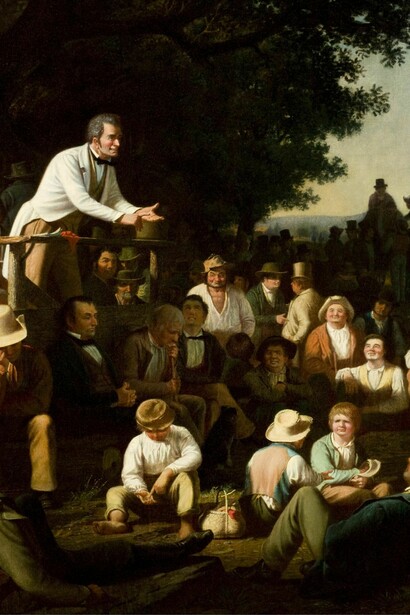 Highly educated conservative networks active in politics aggressively target democratic state institutions for complete capture. ‘Stump Speaking’ by George Caleb Bingham, 1853