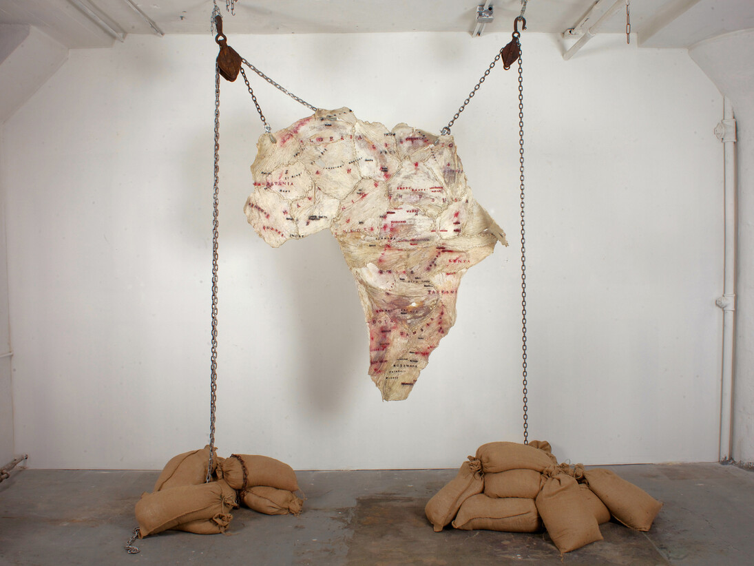 Tamara Kostianovsky [Israeli, b. 1974], Dead Weight, 2012, Cured meat, dry pigment, sand bags, chains, metal hooks, 132 x 108 x 54 inches, 335.3 x 274.3 x 137.2 cm