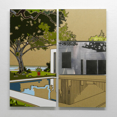 Guido Bagini, Technogreen 008, 2014 enamel on cardboard and zinc polished on dibond 61 x 61 cm
