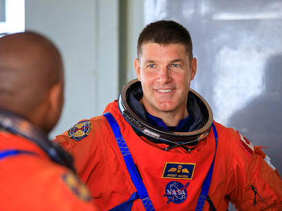 Artemis II Canadian Space Agency (CSA) astronaut Jeremy Hansen stands on the mobile launcher at Launch Pad 39B at Kennedy Space Center in Florida on Wednesday, September 20, 2023, as part of an integrated ground systems test