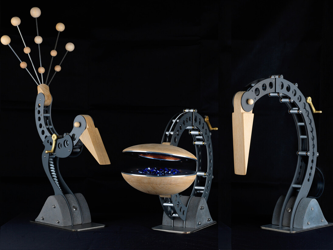 Blott Works, Three Light Beam lamps, Baby Bustard, Clamshell Alchemist and Crane