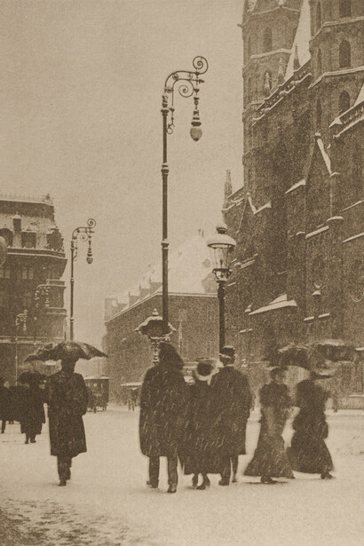 Franz Holluber, 1., Stephansplatz, Allgemein, Blick gegen Rotenturmstraße, im Winter, 1909. Mit freundlicher Genehmigung des Wien Museums