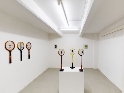 Installation view Leonardo Ulian Contrived Object series (Tennis and Squash rackets) Electronic components, varnish, copper wires, perspex mirror
Courtesy: The Flat – Massimo Carasi, Milan 
Photo: The Flat
