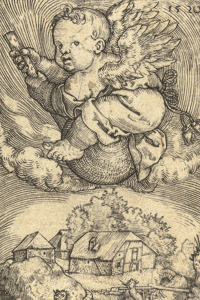 Barthel Beham, Genius on a globe flying above a landscape (detail), 1520. Courtesy of the State Hermitage Museum